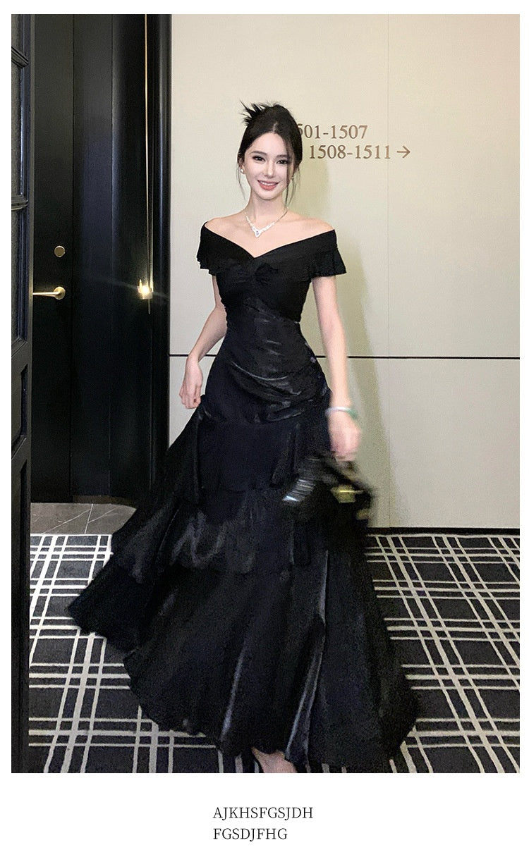 French-style Black Off-shoulder Luxury Dress