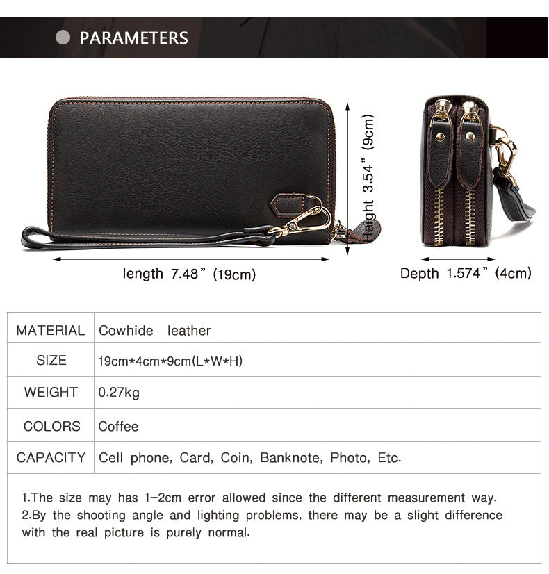 Men's Double Zipper Wallet Long First Layer Cowhide Large-capacity Handbag