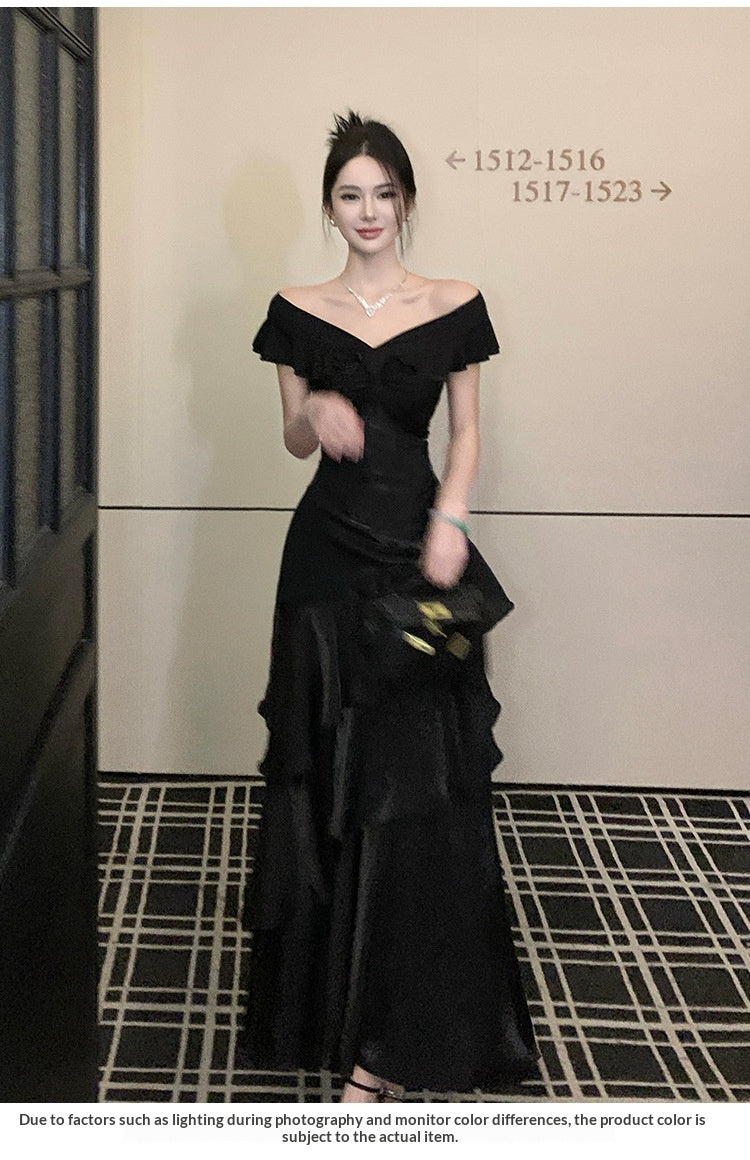 French-style Black Off-shoulder Luxury Dress