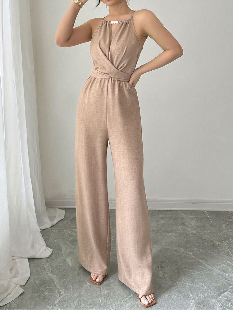 Cinched Waist Sleeveless Tie Up Halter Neck Off Shoulder Comfortable Jumpsuit