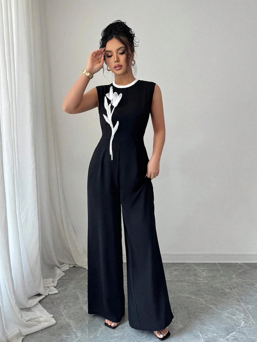 Elegant Embroidered Black Crew-Neck Sleeveless Wide-Leg Jumpsuit