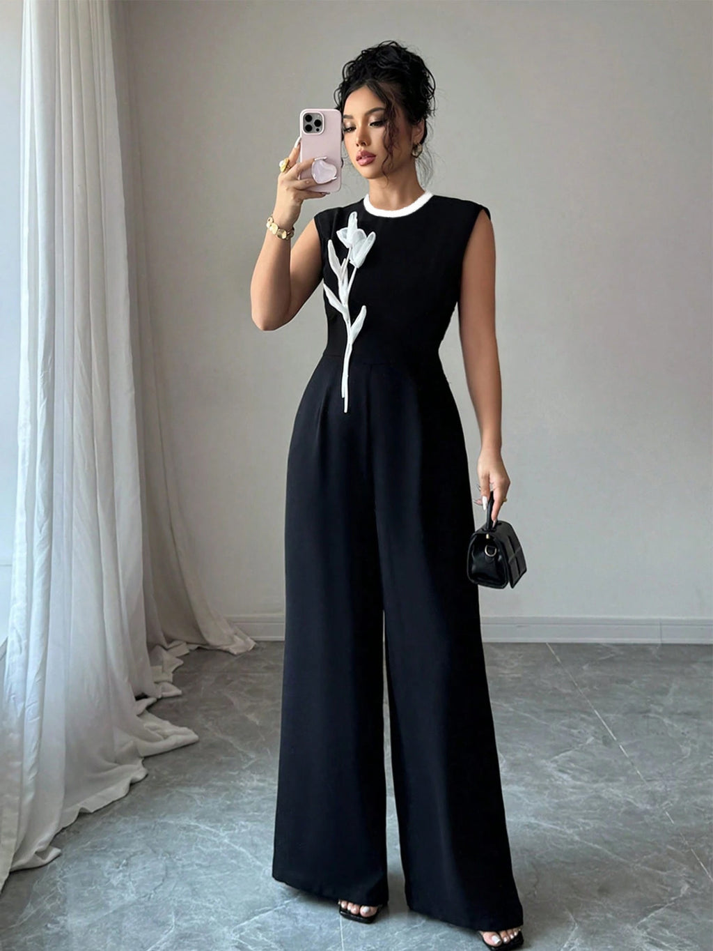 Elegant Embroidered Black Crew-Neck Sleeveless Wide-Leg Jumpsuit