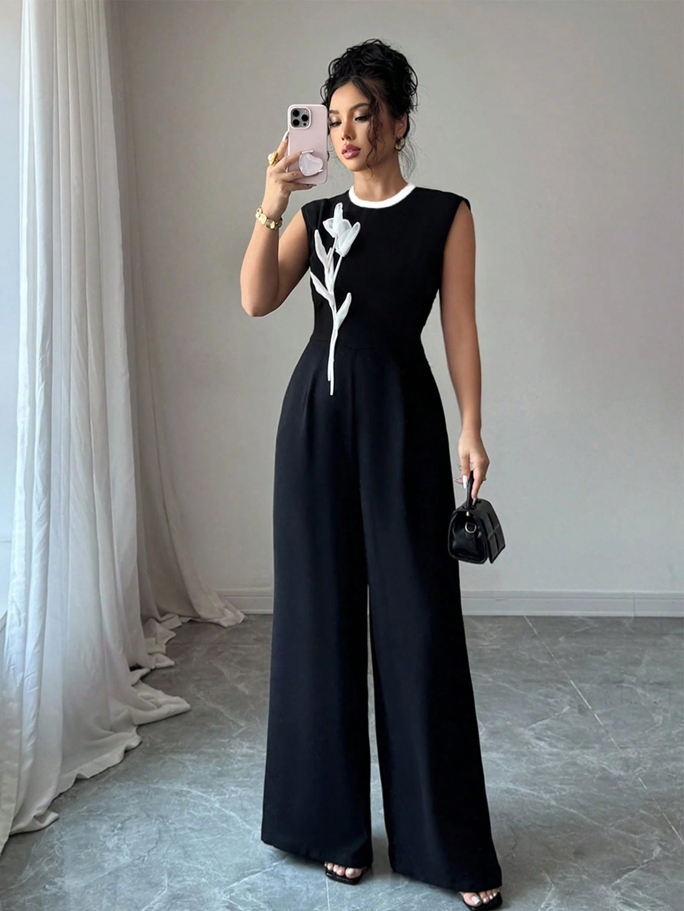 Elegant Embroidered Black Crew-Neck Sleeveless Wide-Leg Jumpsuit