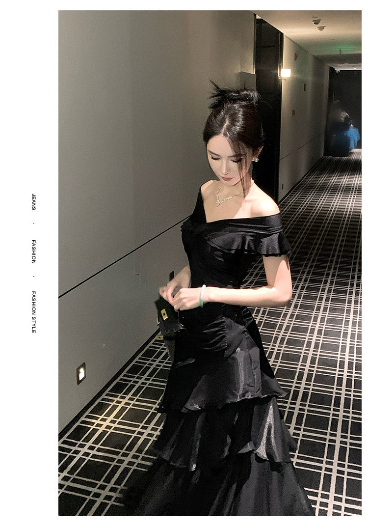 French-style Black Off-shoulder Luxury Dress