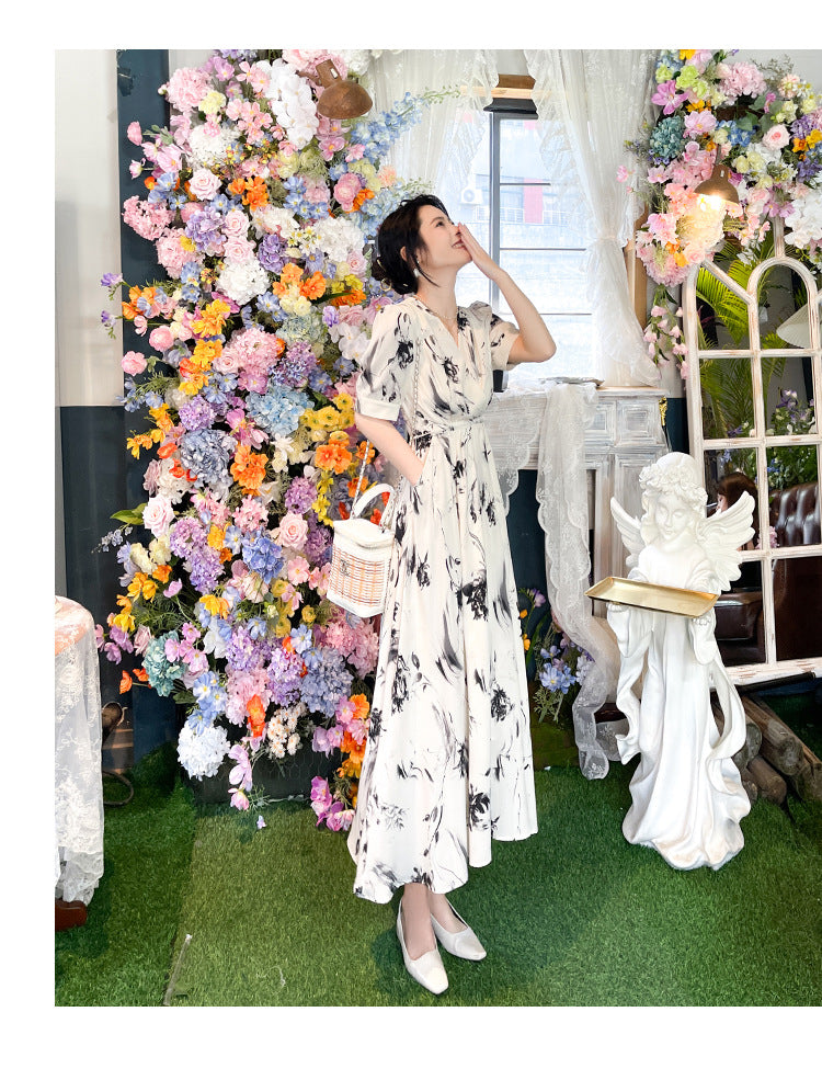 Women's Elegant Short-Sleeve V-Neck Midi Body-Slimming Chic Commuter Dress