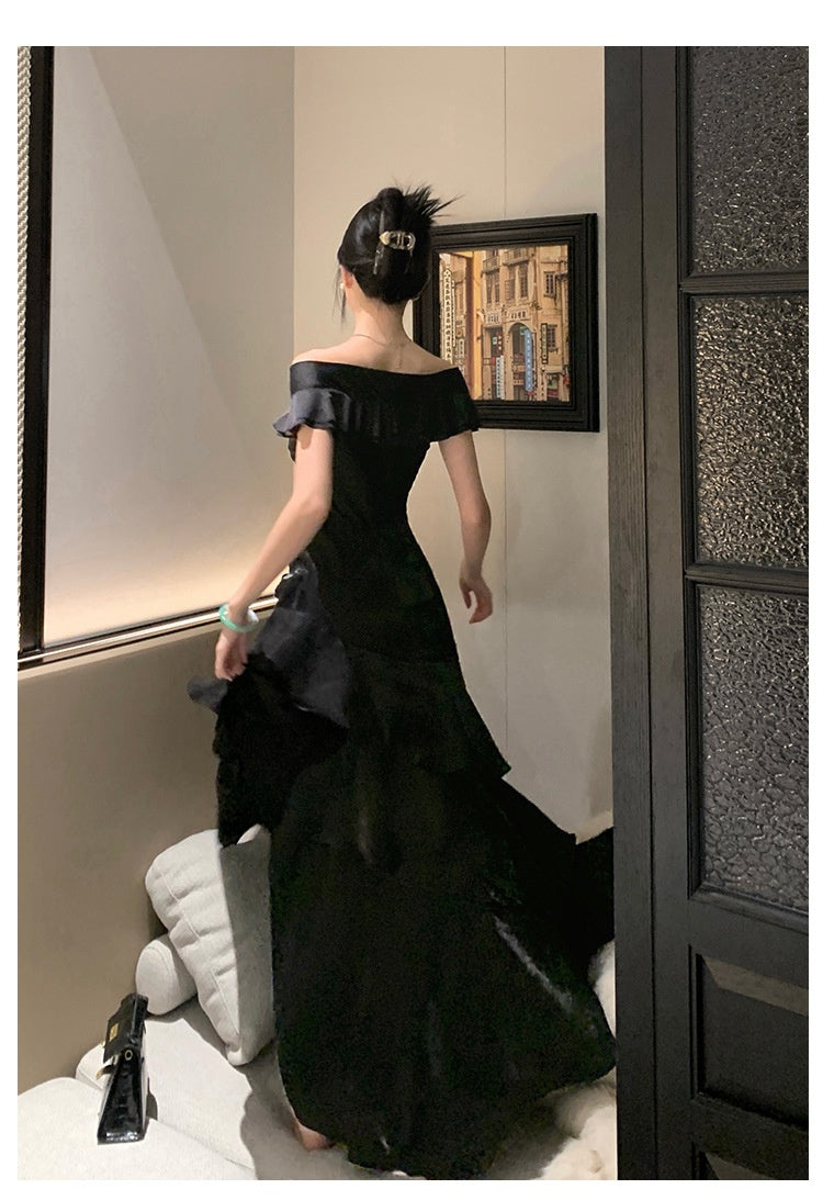 French-style Black Off-shoulder Luxury Dress