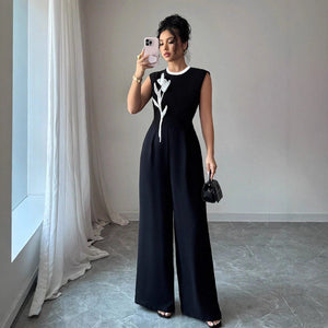 Elegant Embroidered Black Crew-Neck Sleeveless Wide-Leg Jumpsuit