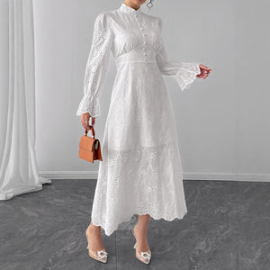 Elegant Vacation Long-Sleeve Hollow-Out Waist-Cinching Button Dress