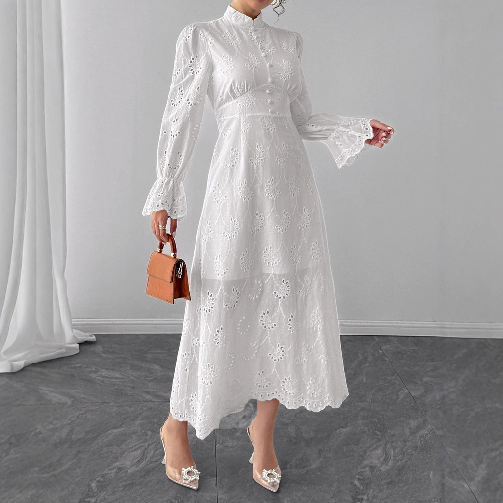 Elegant Vacation Long-Sleeve Hollow-Out Waist-Cinching Button Dress