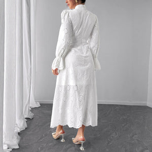 Elegant Vacation Long-Sleeve Hollow-Out Waist-Cinching Button Dress