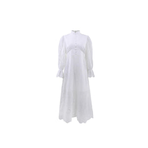 Elegant Vacation Long-Sleeve Hollow-Out Waist-Cinching Button Dress