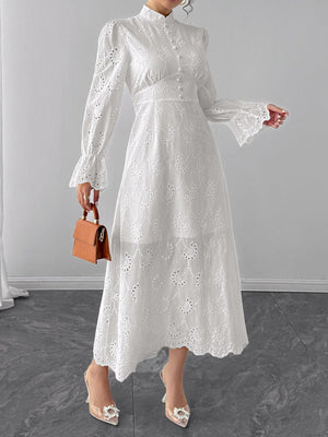 Elegant Vacation Long-Sleeve Hollow-Out Waist-Cinching Button Dress