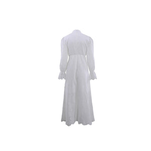 Elegant Vacation Long-Sleeve Hollow-Out Waist-Cinching Button Dress