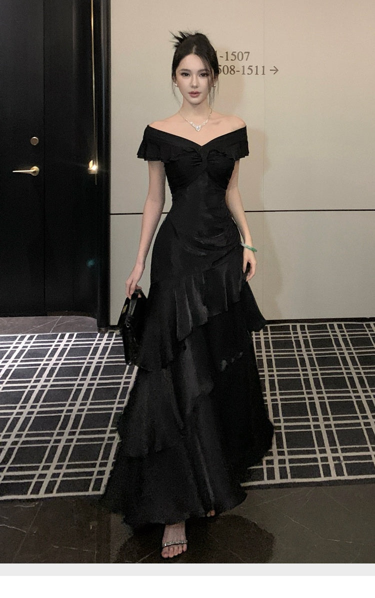 French-style Black Off-shoulder Luxury Dress