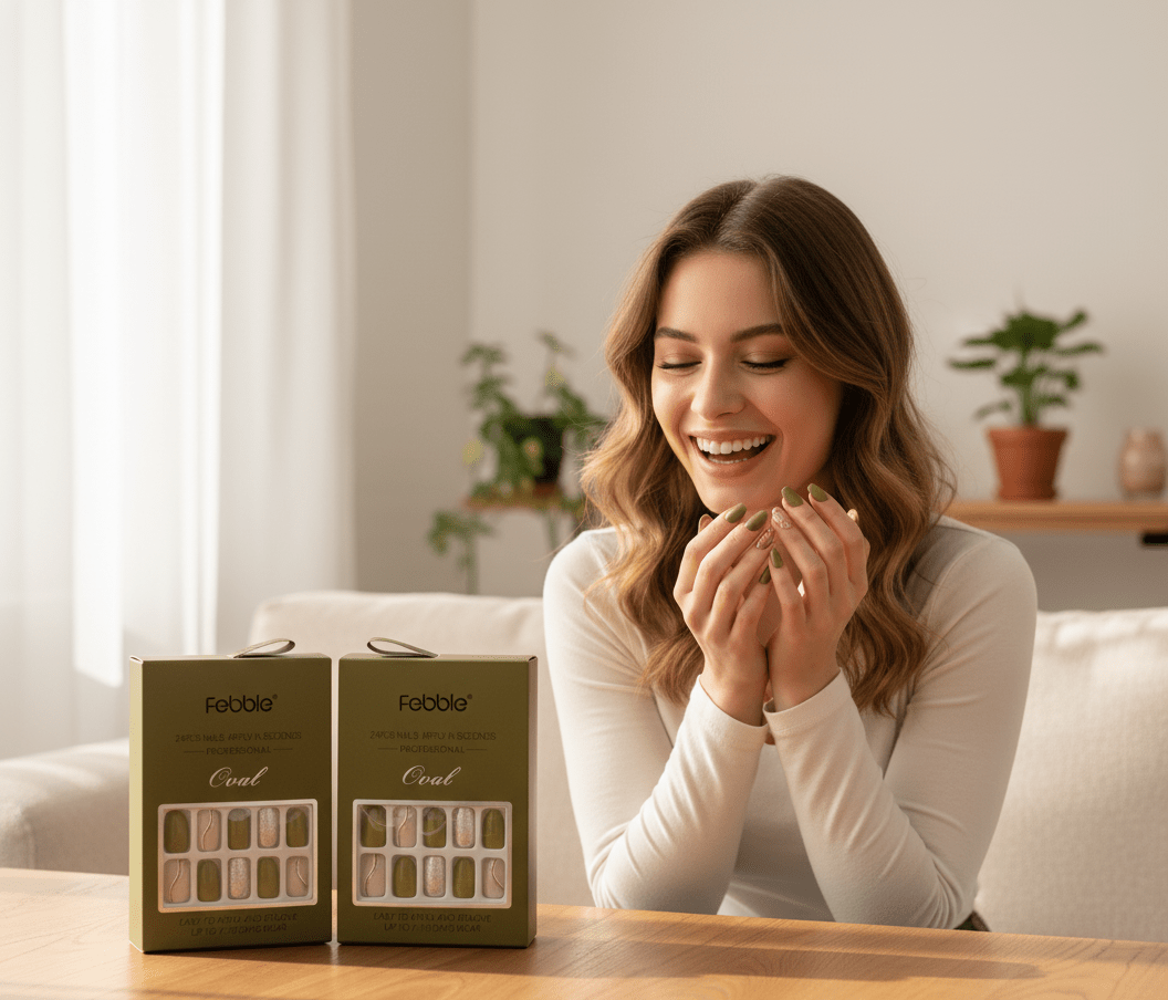 Febble - Olive Green & Silver Glam Press-On Nails