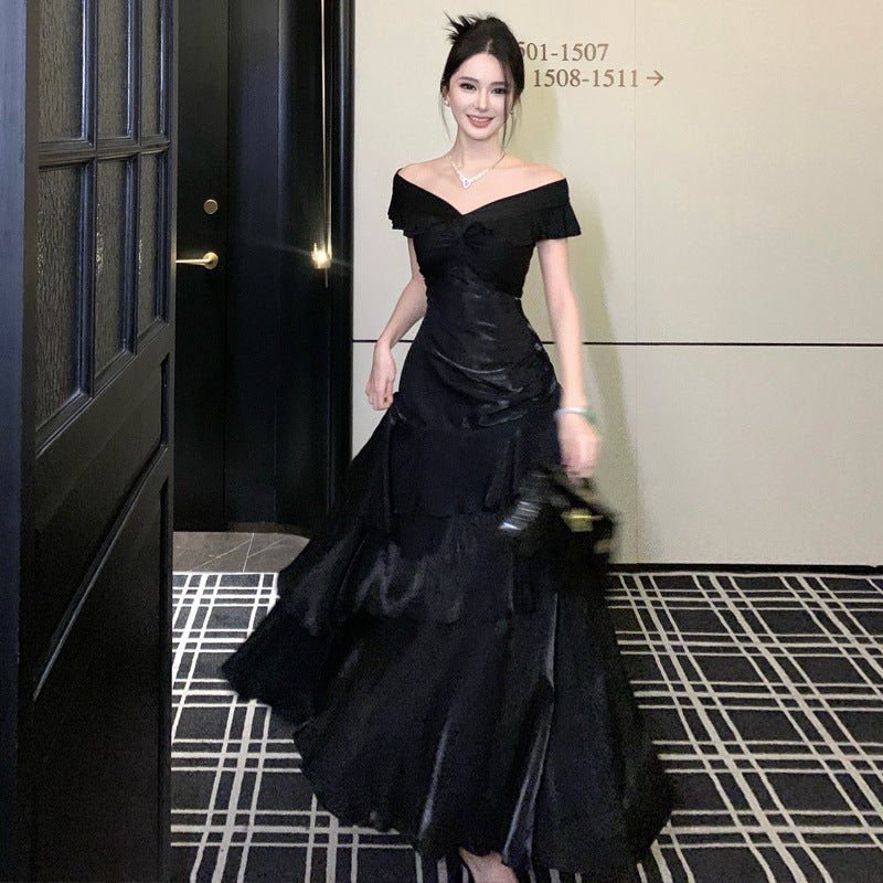 French-style Black Off-shoulder Luxury Dress