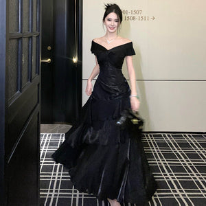 French-style Black Off-shoulder Luxury Dress