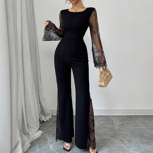 Lace-embellished Long-sleeve Crew-neck Bodycon Jumpsuit With A Cinched Waist And Hip-lifting Design