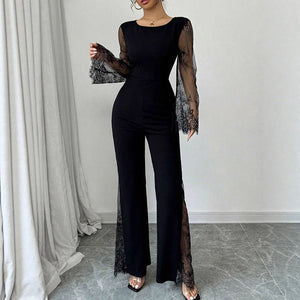 Lace-embellished Long-sleeve Crew-neck Bodycon Jumpsuit With A Cinched Waist And Hip-lifting Design