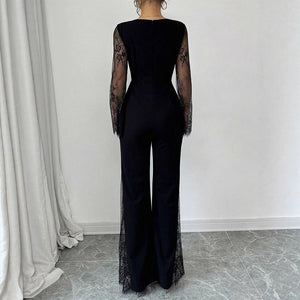 Lace-embellished Long-sleeve Crew-neck Bodycon Jumpsuit With A Cinched Waist And Hip-lifting Design