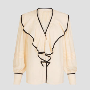 New Women's V-neck Retro Loose-fit Contrast-color Pleated Blouse