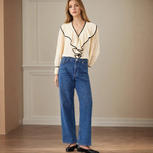 New Women's V-neck Retro Loose-fit Contrast-color Pleated Blouse