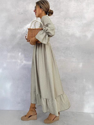 Puff-sleeve Plaid Dress New European And American Style Women's Wear