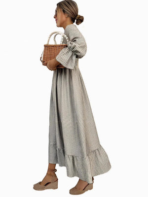 Puff-sleeve Plaid Dress New European And American Style Women's Wear