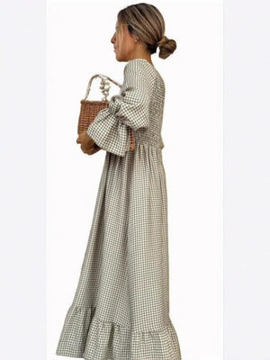 Puff-sleeve Plaid Dress New European And American Style Women's Wear