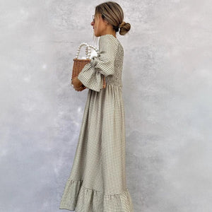 Puff-sleeve Plaid Dress New European And American Style Women's Wear