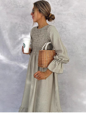 Puff-sleeve Plaid Dress New European And American Style Women's Wear