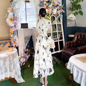 Women's Elegant Short-Sleeve V-Neck Midi Body-Slimming Chic Commuter Dress