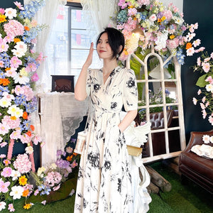 Women's Elegant Short-Sleeve V-Neck Midi Body-Slimming Chic Commuter Dress