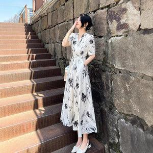 Women's Elegant Short-Sleeve V-Neck Midi Body-Slimming Chic Commuter Dress