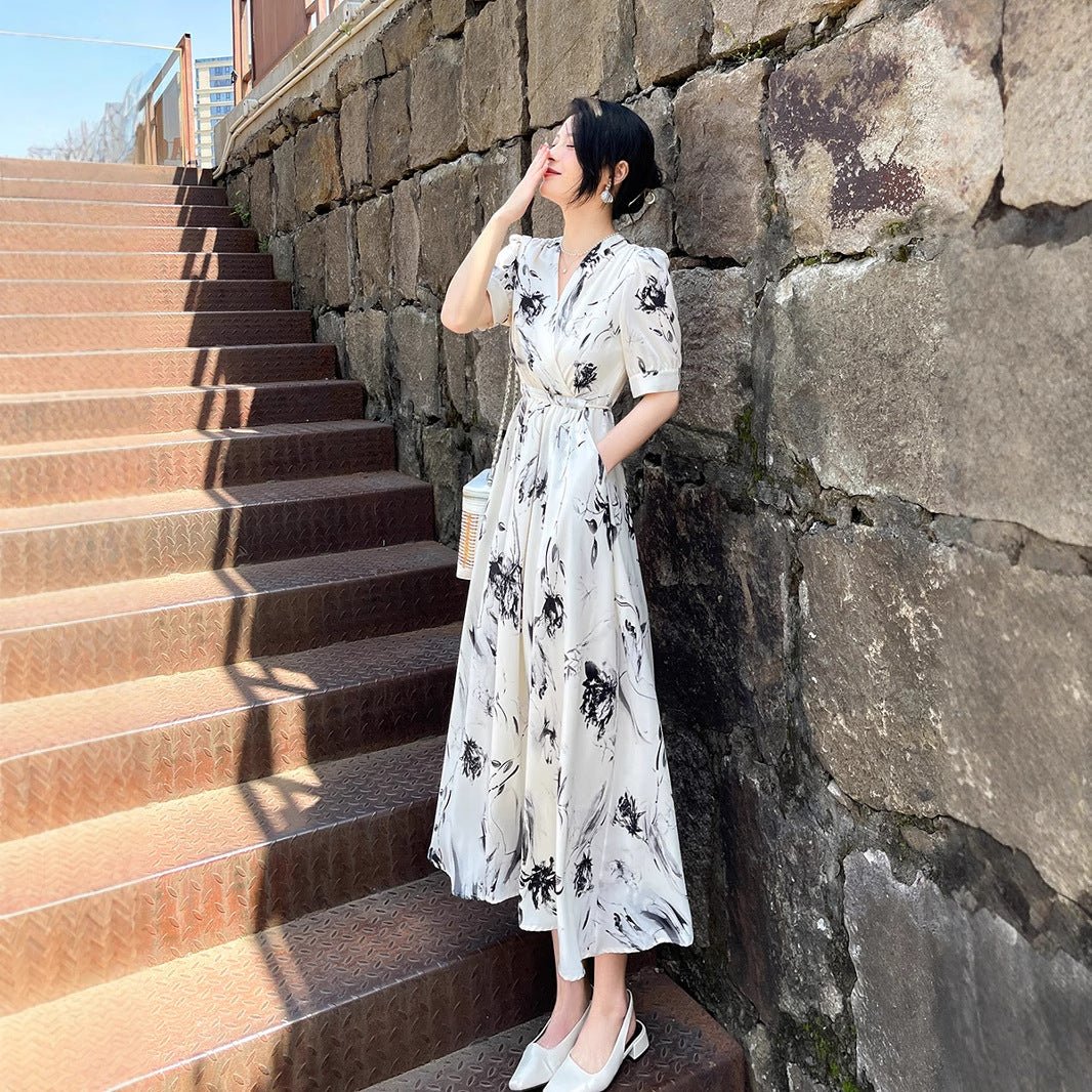 Women's Elegant Short-Sleeve V-Neck Midi Body-Slimming Chic Commuter Dress