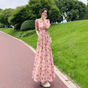 Women's Printed Midi French-Style Split Dress