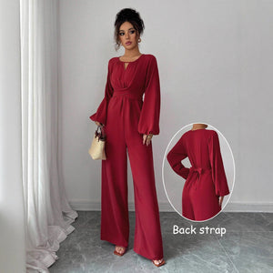 Women's Solid-Colored Jumpsuit With Puffed Sleeves, Square Neck And Wide Legs