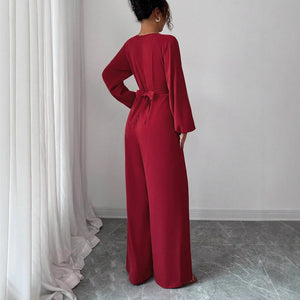 Women's Solid-Colored Jumpsuit With Puffed Sleeves, Square Neck And Wide Legs